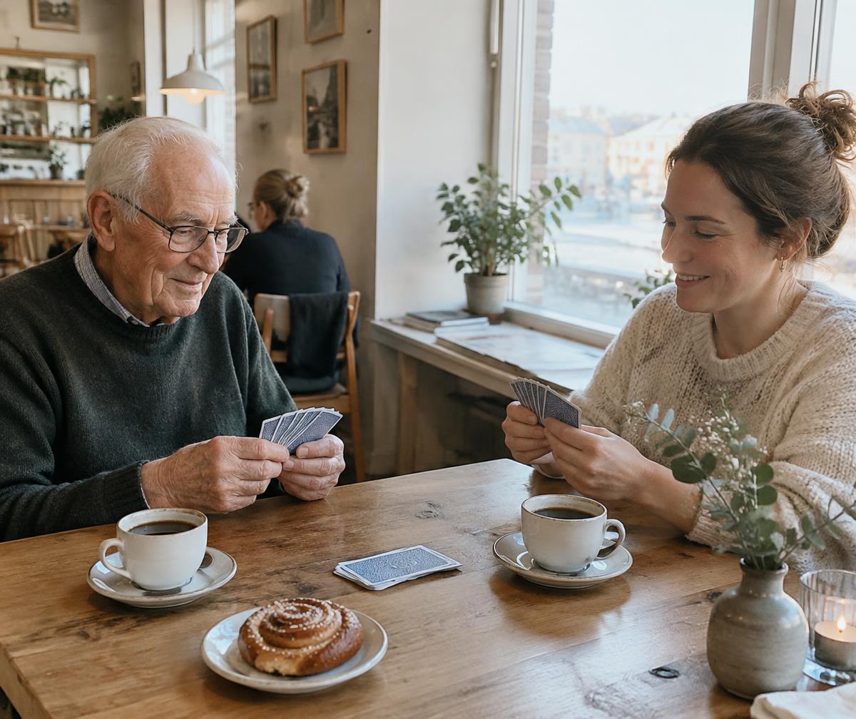 En äldre man och en kvinna spelar kort över en fika på ett café